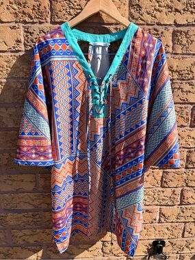 4/$25 • Pink Stitch Bohemian Neck Tie Vintage Printed Top/Cover Up